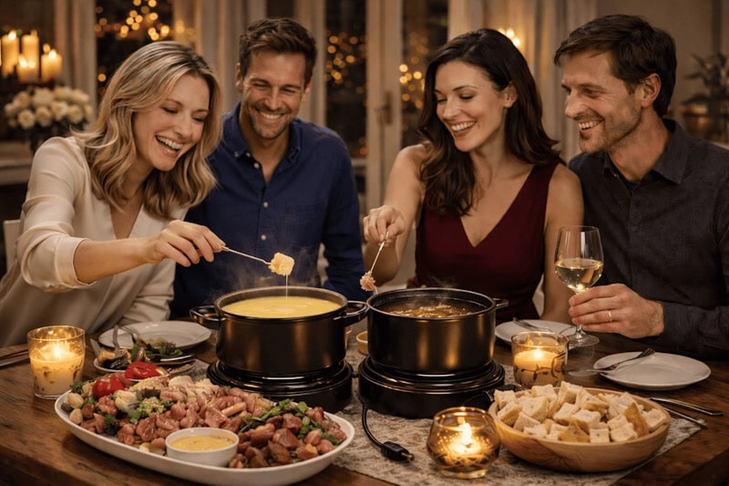two couples sharing a meal of Fondue.