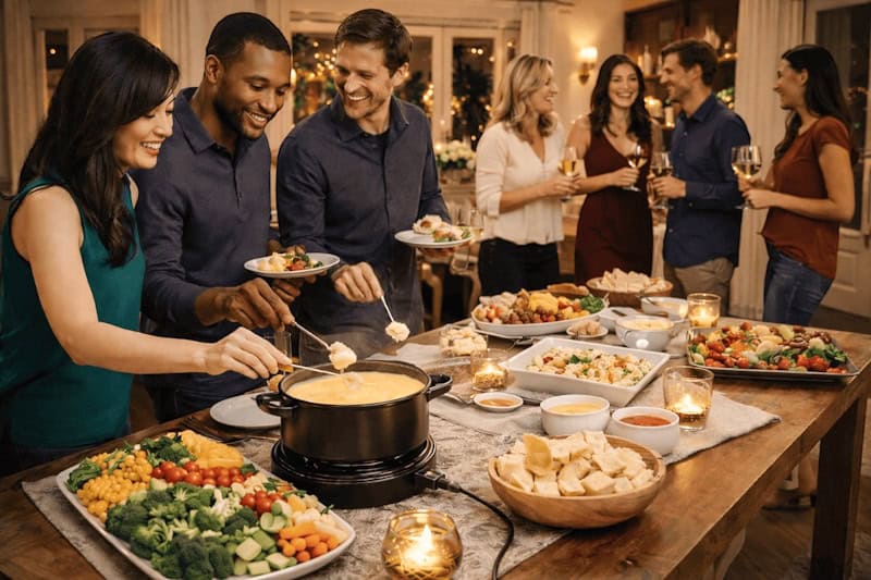 People around the table having a fondipping party.